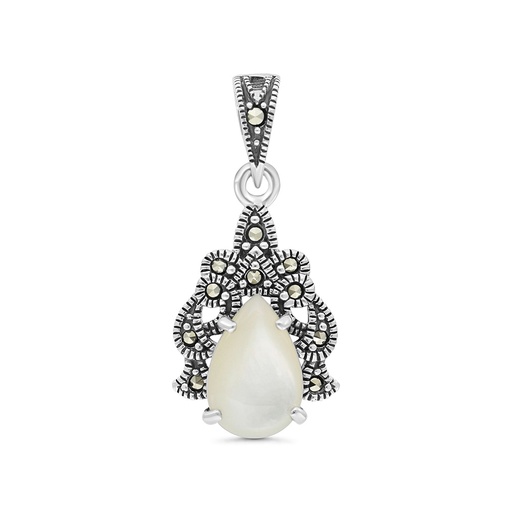 [PND04MAR00MOPA415] Sterling Silver 925 Pendant Embedded With Natural White Shell And Marcasite Stones