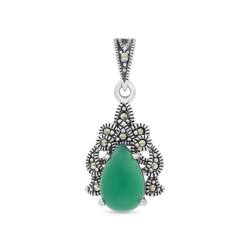[PND04MAR00GAGA415] Sterling Silver 925 Pendant Embedded With Natural Green Agate And Marcasite Stones