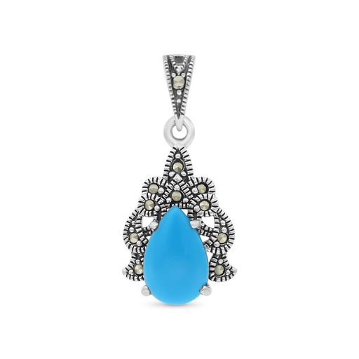 [PND04MAR00TRQA415] Sterling Silver 925 Pendant Embedded With Natural Processed Turquoise And Marcasite Stones