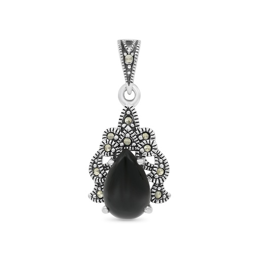 [PND04MAR00ONXA415] Sterling Silver 925 Pendant Embedded With Natural Black Agate And Marcasite Stones