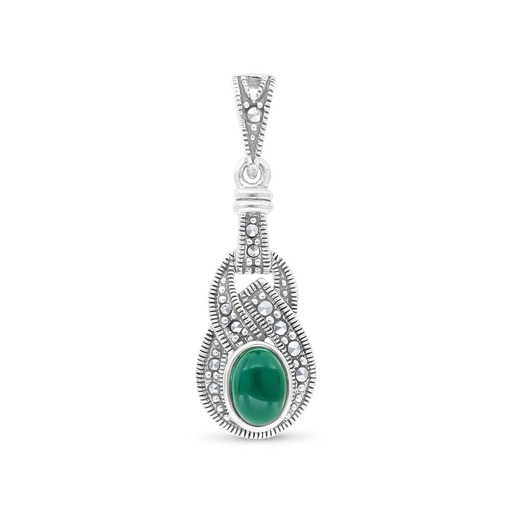 [PND04MAR00GAGA416] Sterling Silver 925 Pendant Embedded With Natural Green Agate And Marcasite Stones