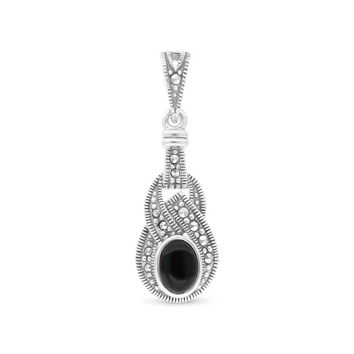 [PND04MAR00ONXA416] Sterling Silver 925 Pendant Embedded With Natural Black Agate And Marcasite Stones