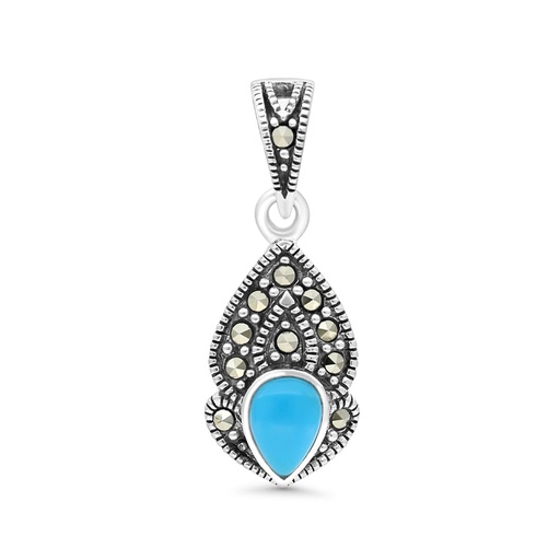 [PND04MAR00TRQA419] Sterling Silver 925 Pendant Embedded With Natural Processed Turquoise And Marcasite Stones