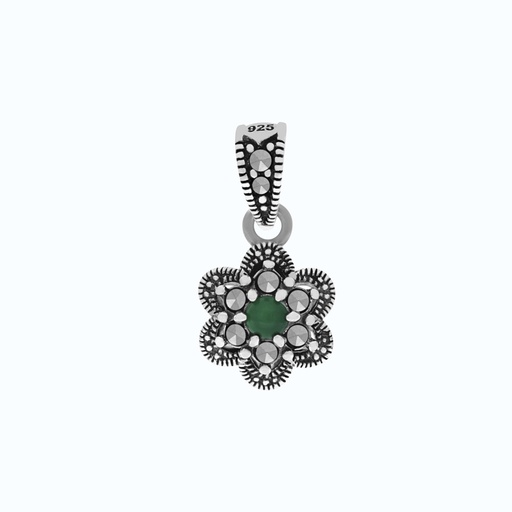 [PND04MAR00GAGA546] Sterling Silver 925 Pendant Embedded With Natural Green Agate And Marcasite Stones