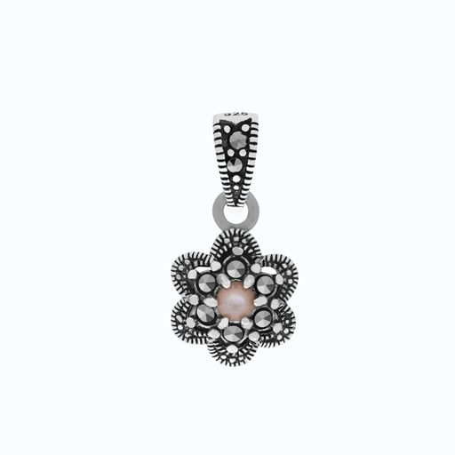 [PND04MAR00PNKA546] Sterling Silver 925 Pendant Embedded With Natural Pink Shell And Marcasite Stones