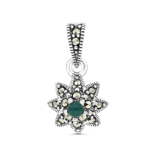 [PND04MAR00GAGA547] Sterling Silver 925 Pendant Embedded With Natural Green Agate And Marcasite Stones
