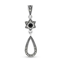 Sterling Silver 925 Pendant Embedded With Natural Black Agate And Marcasite Stones