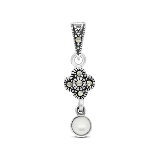 [PND04MAR00MOPA431] Sterling Silver 925 Pendant Embedded With Natural White Shell And Marcasite Stones