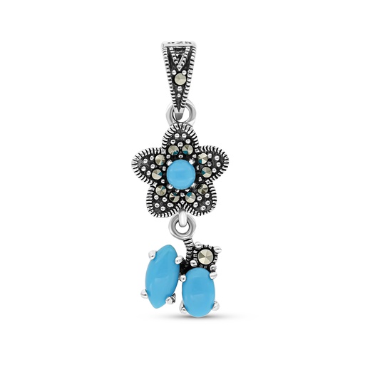 [PND04MAR00TRQA433] Sterling Silver 925 Pendant Embedded With Natural Processed Turquoise And Marcasite Stones