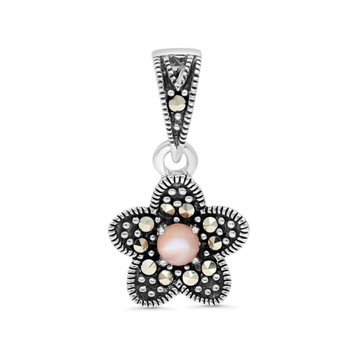 [PND04MAR00PNKA434] Sterling Silver 925 Pendant Embedded With Natural Pink Shell And Marcasite Stones