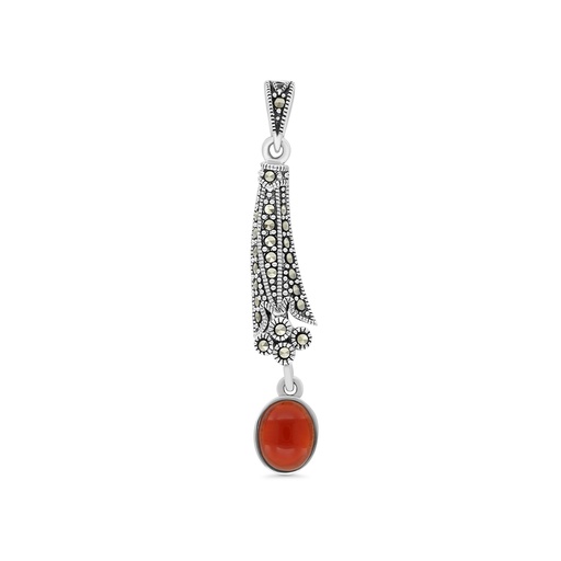 [PND04MAR00RAGA435] Sterling Silver 925 Pendant Embedded With Natural Aqiq And Marcasite Stones