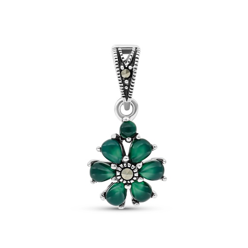 [PND04MAR00GAGA442] Sterling Silver 925 Pendant Embedded With Natural Green Agate And Marcasite Stones