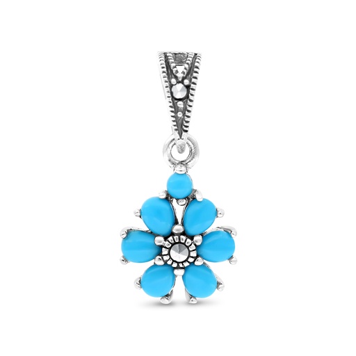 [PND04MAR00TRQA442] Sterling Silver 925 Pendant Embedded With Natural Processed Turquoise And Marcasite Stones