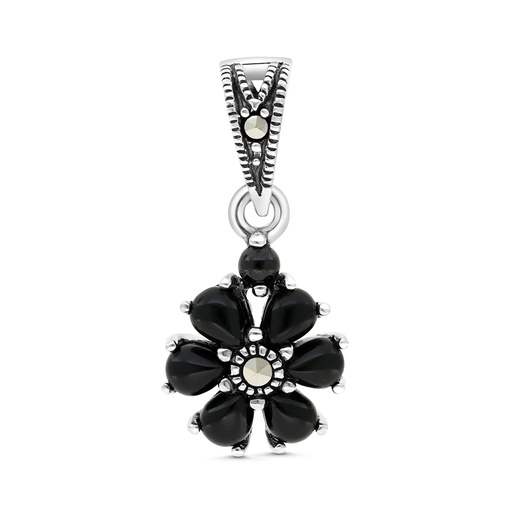 [PND04MAR00ONXA442] Sterling Silver 925 Pendant Embedded With Natural Black Agate And Marcasite Stones