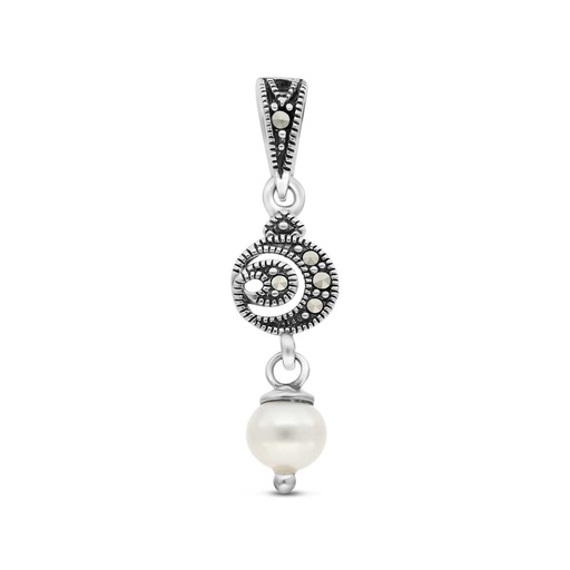 [PND04MAR00PRLA446] Sterling Silver 925 Pendant Embedded With White Shell Pearl And Marcasite Stones