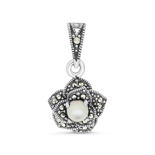 [PND04MAR00MOPA448] Sterling Silver 925 Pendant Embedded With Natural White Shell And Marcasite Stones