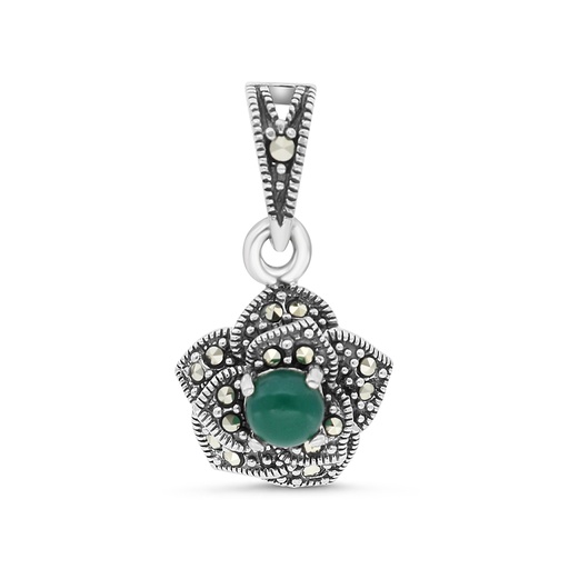 [PND04MAR00GAGA448] Sterling Silver 925 Pendant Embedded With Natural Green Agate And Marcasite Stones