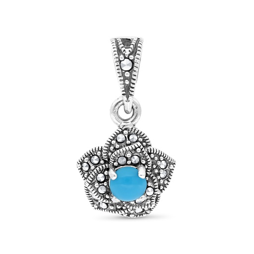 [PND04MAR00TRQA448] Sterling Silver 925 Pendant Embedded With Natural Processed Turquoise And Marcasite Stones