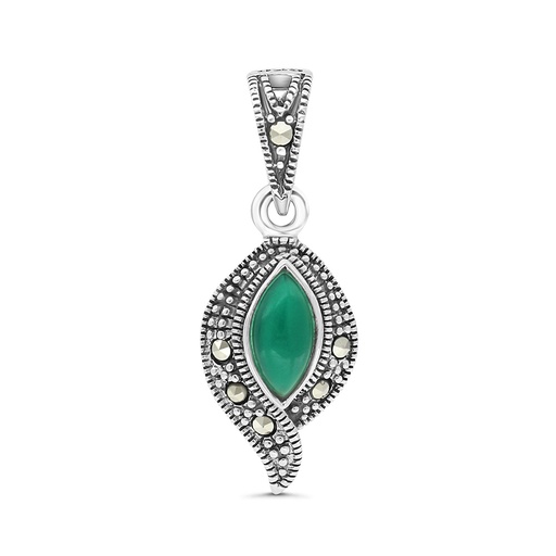 [PND04MAR00GAGA451] Sterling Silver 925 Pendant Embedded With Natural Green Agate And Marcasite Stones