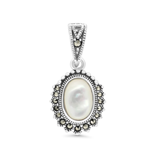 [PND04MAR00MOPA472] Sterling Silver 925 Pendant Embedded With Natural White Shell And Marcasite Stones