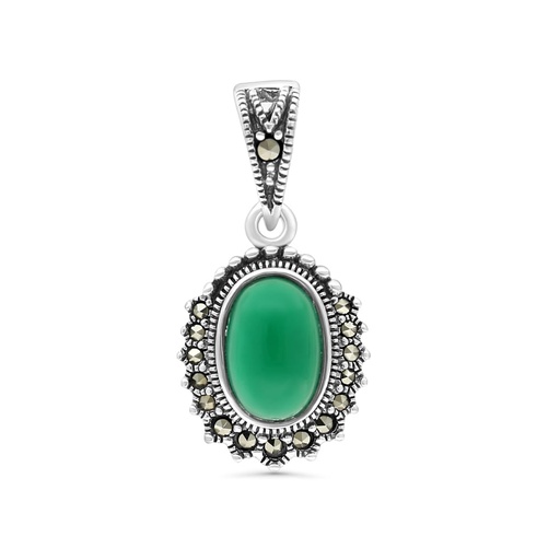[PND04MAR00GAGA472] Sterling Silver 925 Pendant Embedded With Natural Green Agate And Marcasite Stones