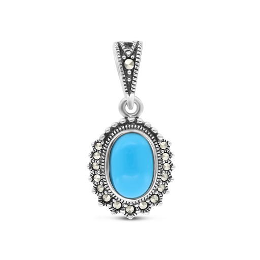 [PND04MAR00TRQA472] Sterling Silver 925 Pendant Embedded With Natural Processed Turquoise And Marcasite Stones