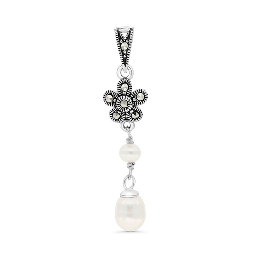 [PND04MAR00PRLA475] Sterling Silver 925 Pendant Embedded With White Shell Pearl And Marcasite Stones