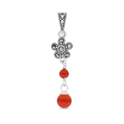 [PND04MAR00RAGA475] Sterling Silver 925 Pendant Embedded With Natural Aqiq And Marcasite Stones