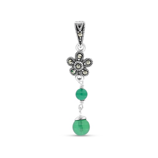 [PND04MAR00GAGA475] Sterling Silver 925 Pendant Embedded With Natural Green Agate And Marcasite Stones