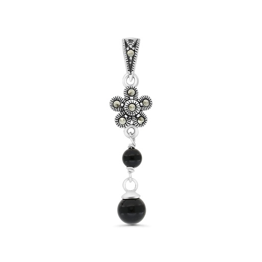 [PND04MAR00ONXA475] Sterling Silver 925 Pendant Embedded With Natural Black Agate And Marcasite Stones