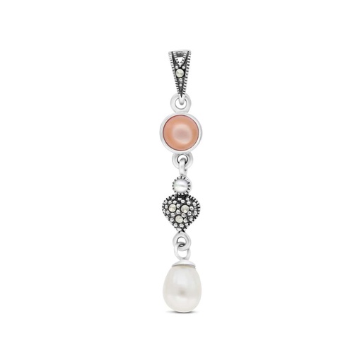 [PND04MAR00PNKA476] Sterling Silver 925 Pendant Embedded With Natural Pink Shell And White Shell Pearl And Marcasite Stones