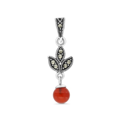 [PND04MAR00RAGA478] Sterling Silver 925 Pendant Embedded With Natural Aqiq And Marcasite Stones