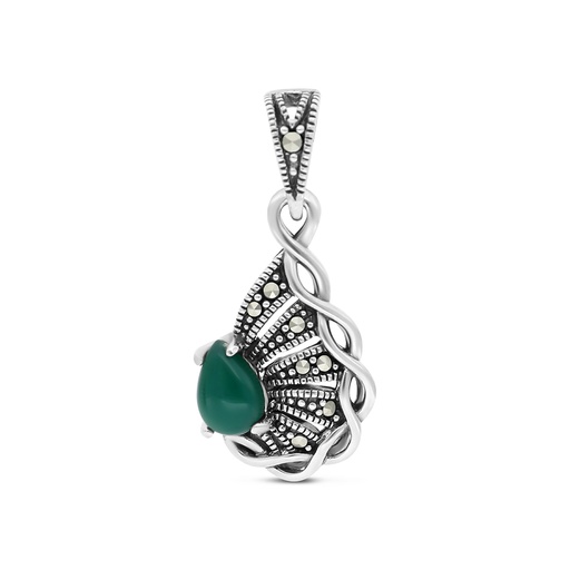 [PND04MAR00GAGA493] Sterling Silver 925 Pendant Embedded With Natural Green Agate And Marcasite Stones