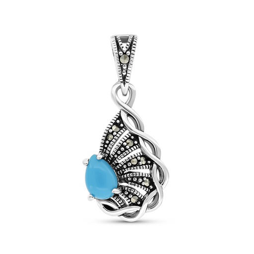 [PND04MAR00TRQA493] Sterling Silver 925 Pendant Embedded With Natural Processed Turquoise And Marcasite Stones