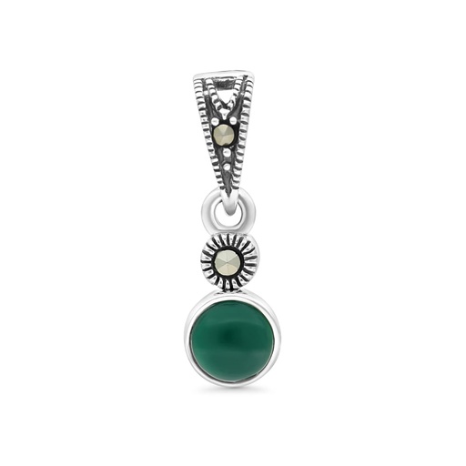 [PND04MAR00GAGA504] Sterling Silver 925 Pendant Embedded With Natural Green Agate And Marcasite Stones
