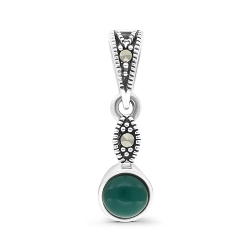 [PND04MAR00GAGA505] Sterling Silver 925 Pendant Embedded With Natural Green Agate And Marcasite Stones