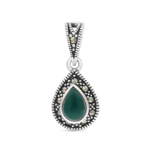 [PND04MAR00GAGA506] Sterling Silver 925 Pendant Embedded With Natural Green Agate And Marcasite Stones