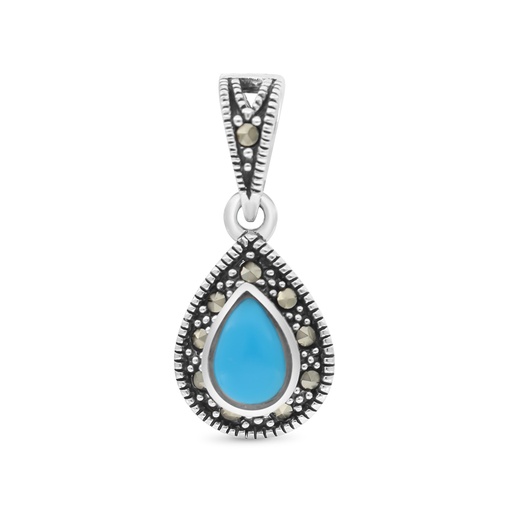 [PND04MAR00TRQA506] Sterling Silver 925 Pendant Embedded With Natural Processed Turquoise And Marcasite Stones