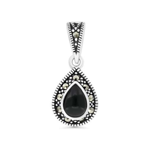 [PND04MAR00ONXA506] Sterling Silver 925 Pendant Embedded With Natural Black Agate And Marcasite Stones