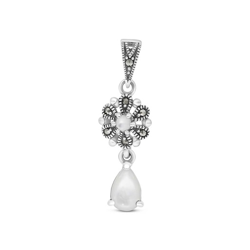 [PND04MAR00MOPA510] Sterling Silver 925 Pendant Embedded With Natural White Shell And Marcasite Stones