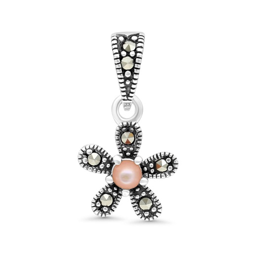 [PND04MAR00PNKA526] Sterling Silver 925 Pendant Embedded With Natural Pink Shell And Marcasite Stones