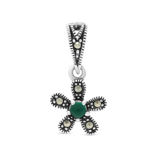 [PND04MAR00GAGA526] Sterling Silver 925 Pendant Embedded With Natural Green Agate And Marcasite Stones