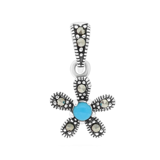 [PND04MAR00TRQA526] Sterling Silver 925 Pendant Embedded With Natural Processed Turquoise And Marcasite Stones