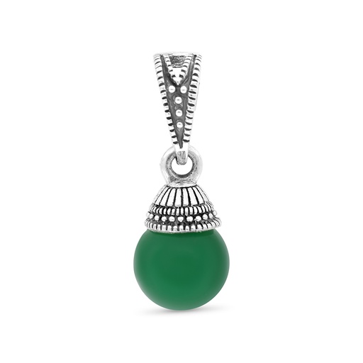 [PND04MAR00GAGA527] Sterling Silver 925 Pendant Embedded With Natural Green Agate And Marcasite Stones
