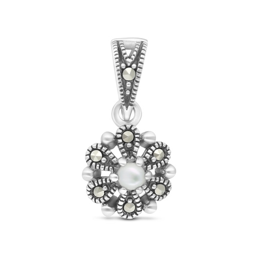 [PND04MAR00MOPA528] Sterling Silver 925 Pendant Embedded With Natural White Shell And Marcasite Stones