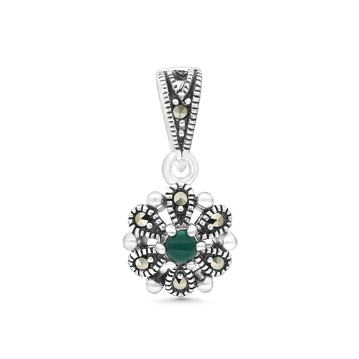 [PND04MAR00GAGA528] Sterling Silver 925 Pendant Embedded With Natural Green Agate And Marcasite Stones