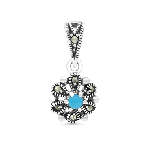 [PND04MAR00TRQA528] Sterling Silver 925 Pendant Embedded With Natural Processed Turquoise And Marcasite Stones