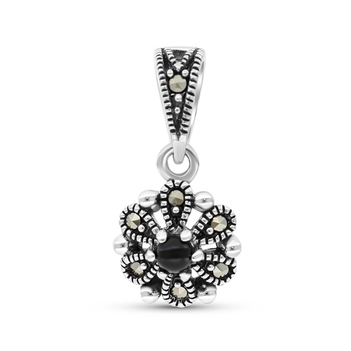 [PND04MAR00ONXA528] Sterling Silver 925 Pendant Embedded With Natural Black Agate And Marcasite Stones