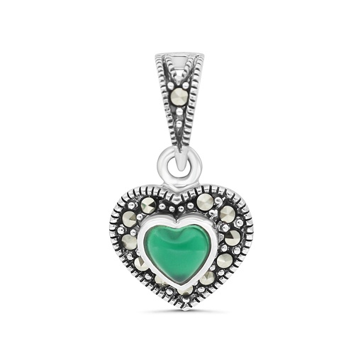 [PND04MAR00GAGA531] Sterling Silver 925 Pendant Embedded With Natural Green Agate And Marcasite Stones