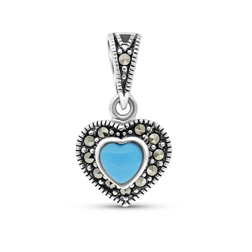 [PND04MAR00TRQA531] Sterling Silver 925 Pendant Embedded With Natural Processed Turquoise And Marcasite Stones